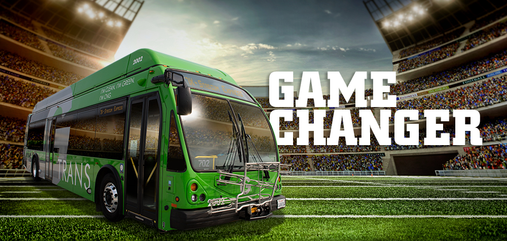GTrans bus on a football field with words Game Changer