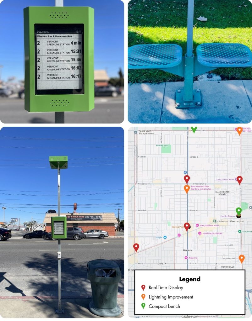 Location of the Bus Stop Pilot Project improvements, and photos of some of the stops.